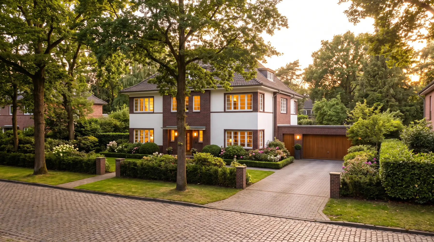 Wohnhaus in einem Hamburger Vorort im Abendlicht