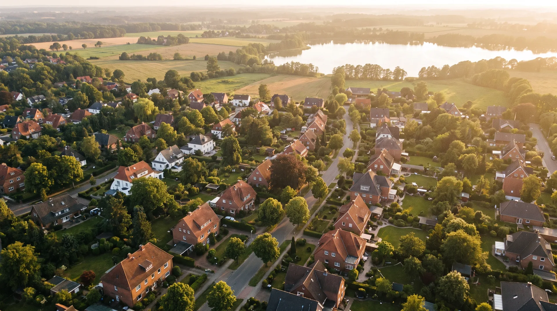 Luftaufnahme einer norddeutschen Wohngegend mit Gärten, Feldern und See im Abendlicht