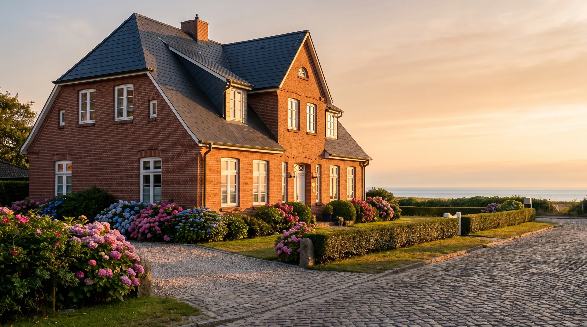 Norddeutsche Backsteinvilla mit Hortensien im Vorgarten und Blick zur Ostsee im Abendlicht