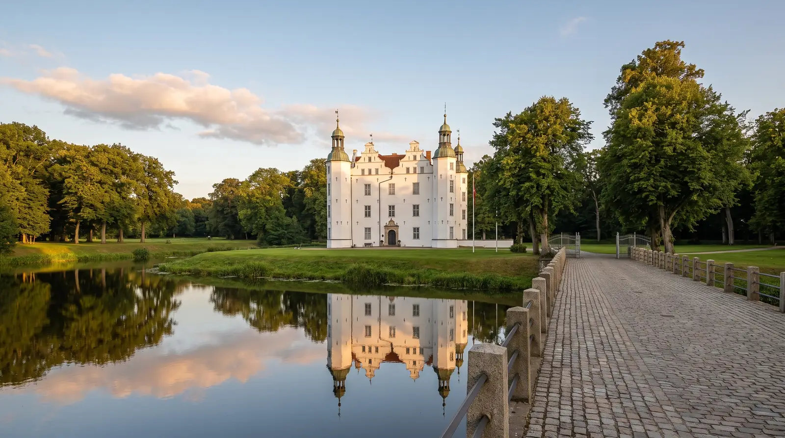 Schloss Ahrensburg mit Wassergraben im Abendlicht