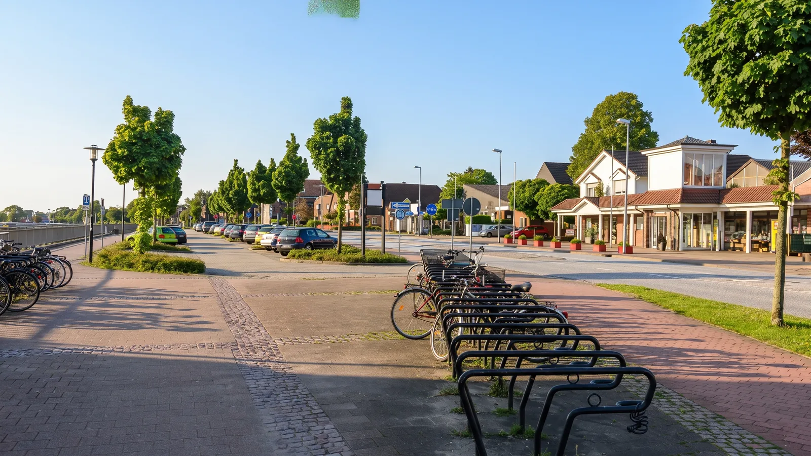 Ortsdurchfahrt in Henstedt-Ulzburg mit Gesch&auml;ften, B&auml;umen und Fahrradstellpl&auml;tzen
