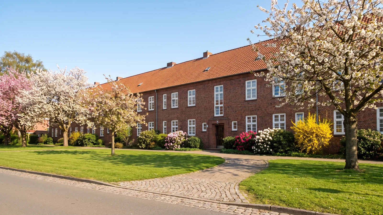 Backsteinh&auml;user in Schwarzenbek mit bl&uuml;henden B&auml;umen und Gr&uuml;nfl&auml;che