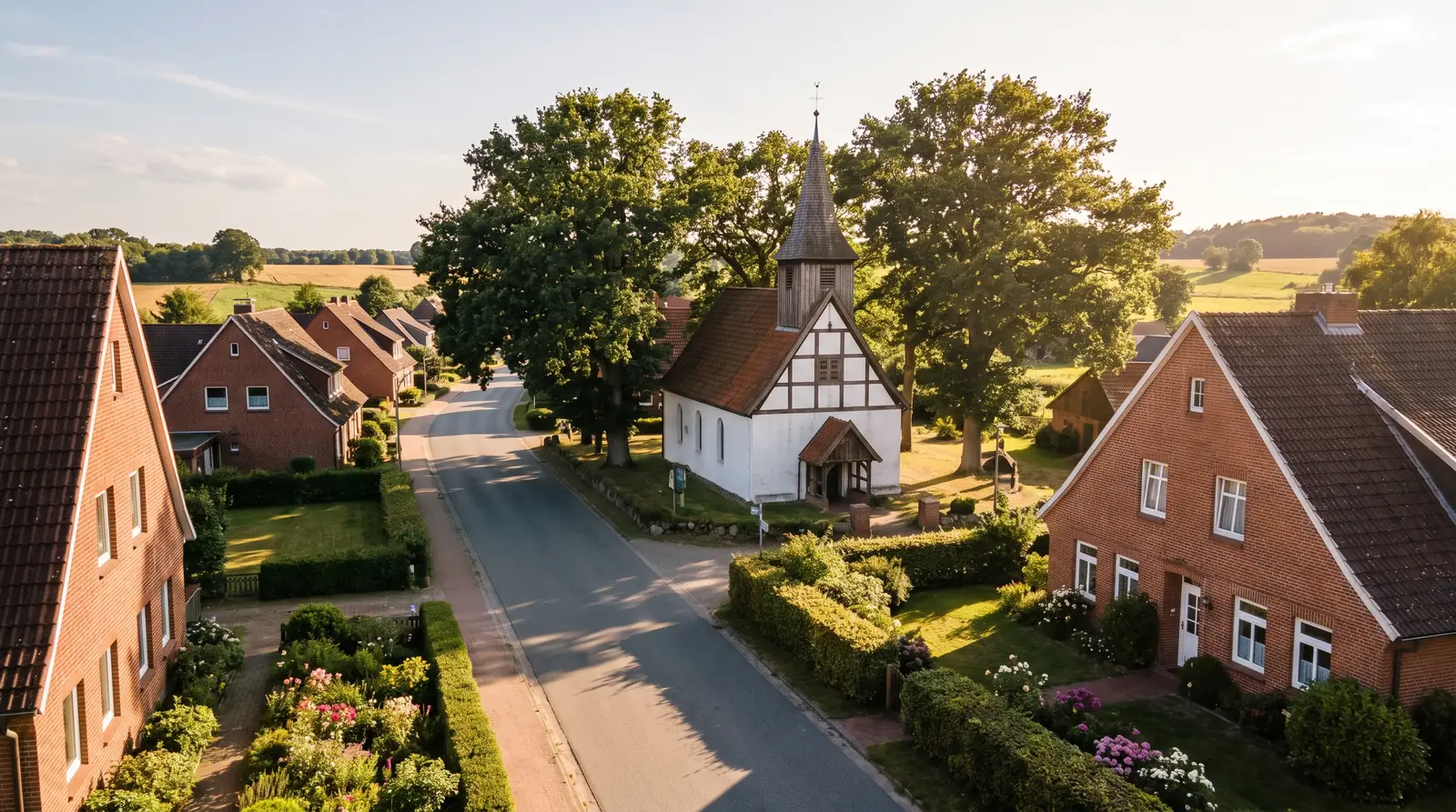 Dorfkern mit Kirche und Backsteinh&auml;usern in Seevetal s&uuml;dlich von Hamburg