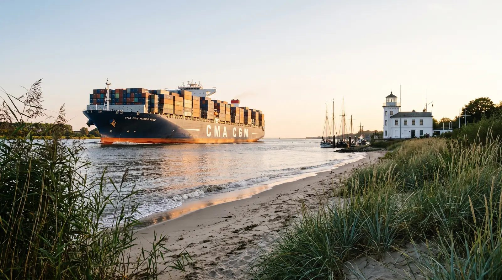 Containerschiff auf der Elbe vor dem Ufer bei Wedel