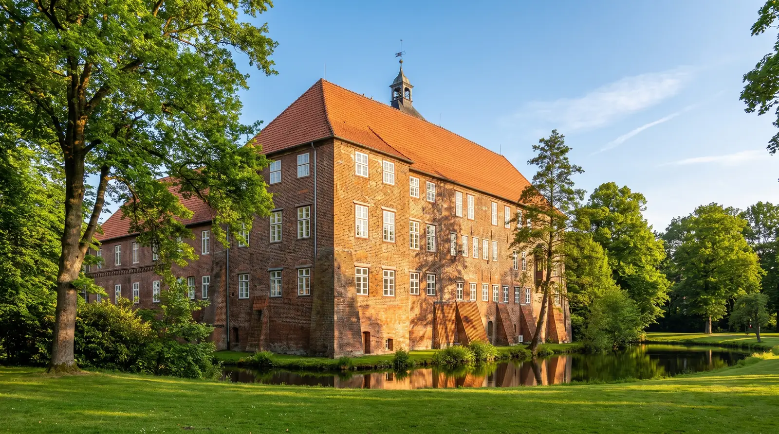 Winsener Schloss aus rotem Backstein mit Gr&uuml;nanlage