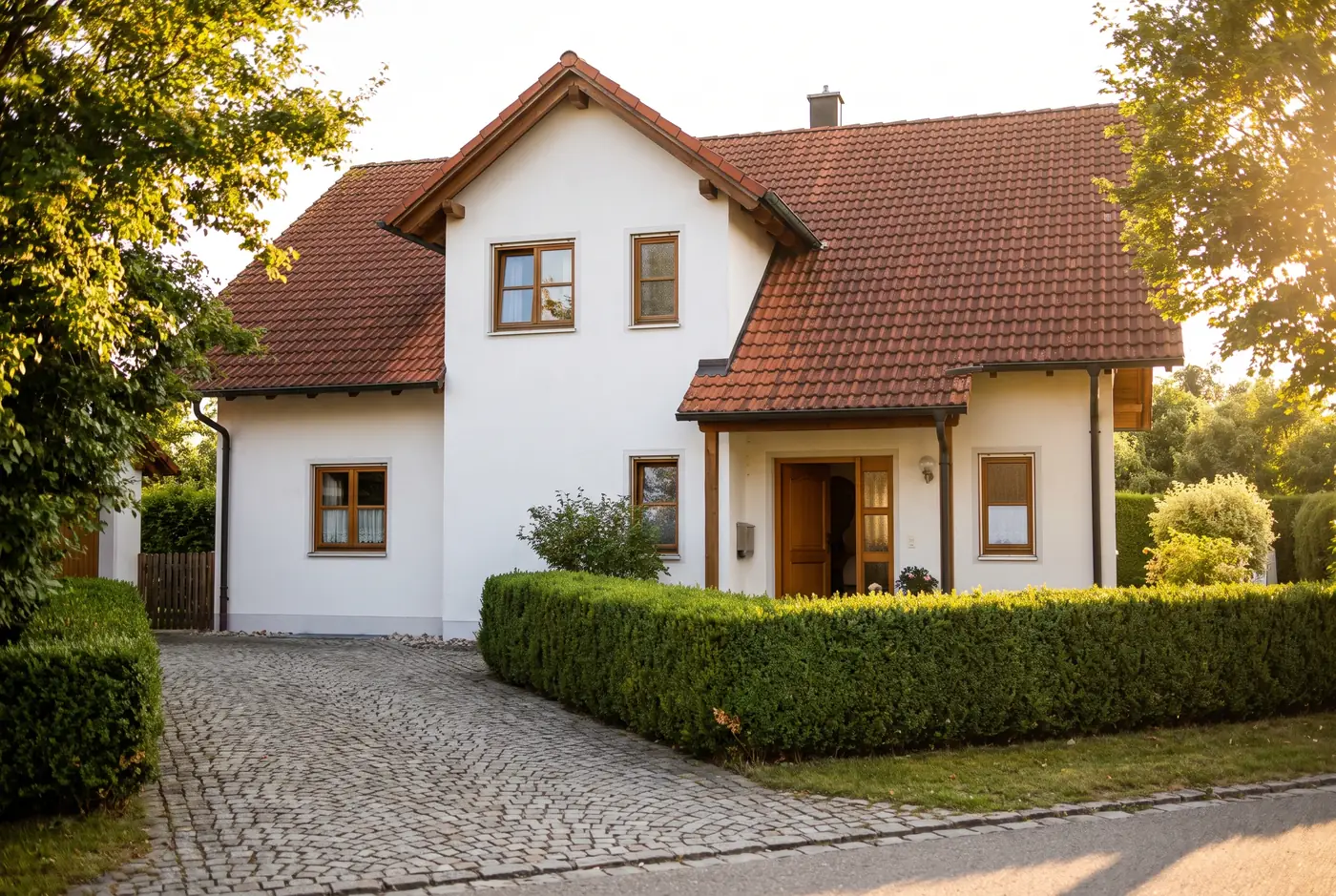 Gepflegtes Einfamilienhaus mit geöffneter Haustür im Nachmittagslicht