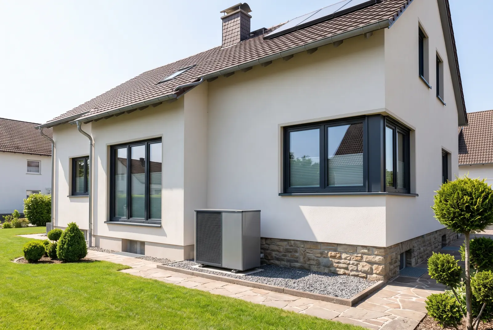 Einfamilienhaus mit Wärmepumpe im Garten