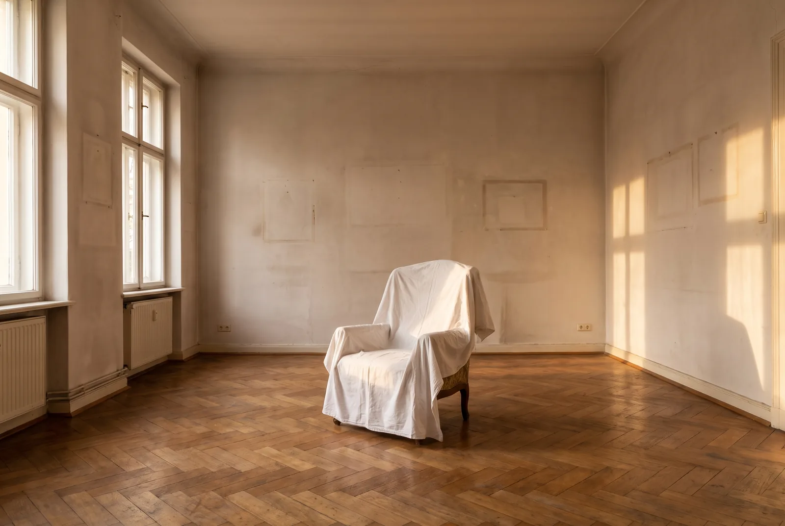 Leeres Wohnzimmer eines geerbten Hauses mit Parkettboden und Nachmittagslicht