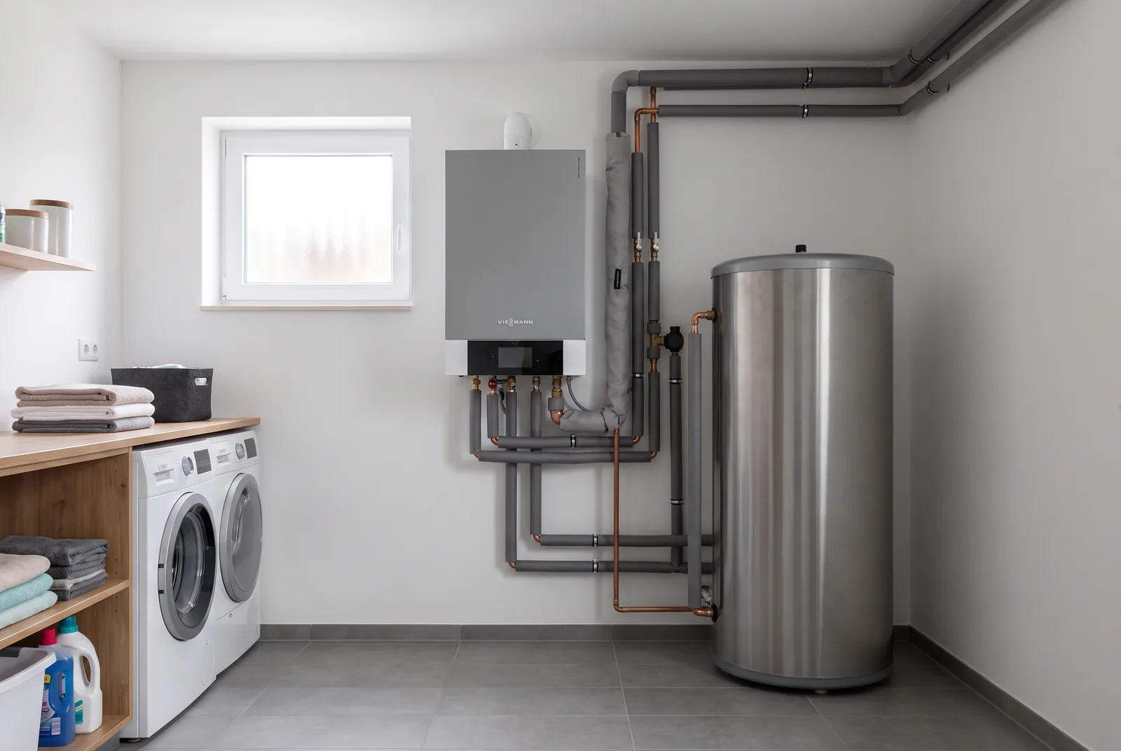 Technikraum mit Gasbrennwertkessel, gedämmten Leitungen und Warmwasserspeicher