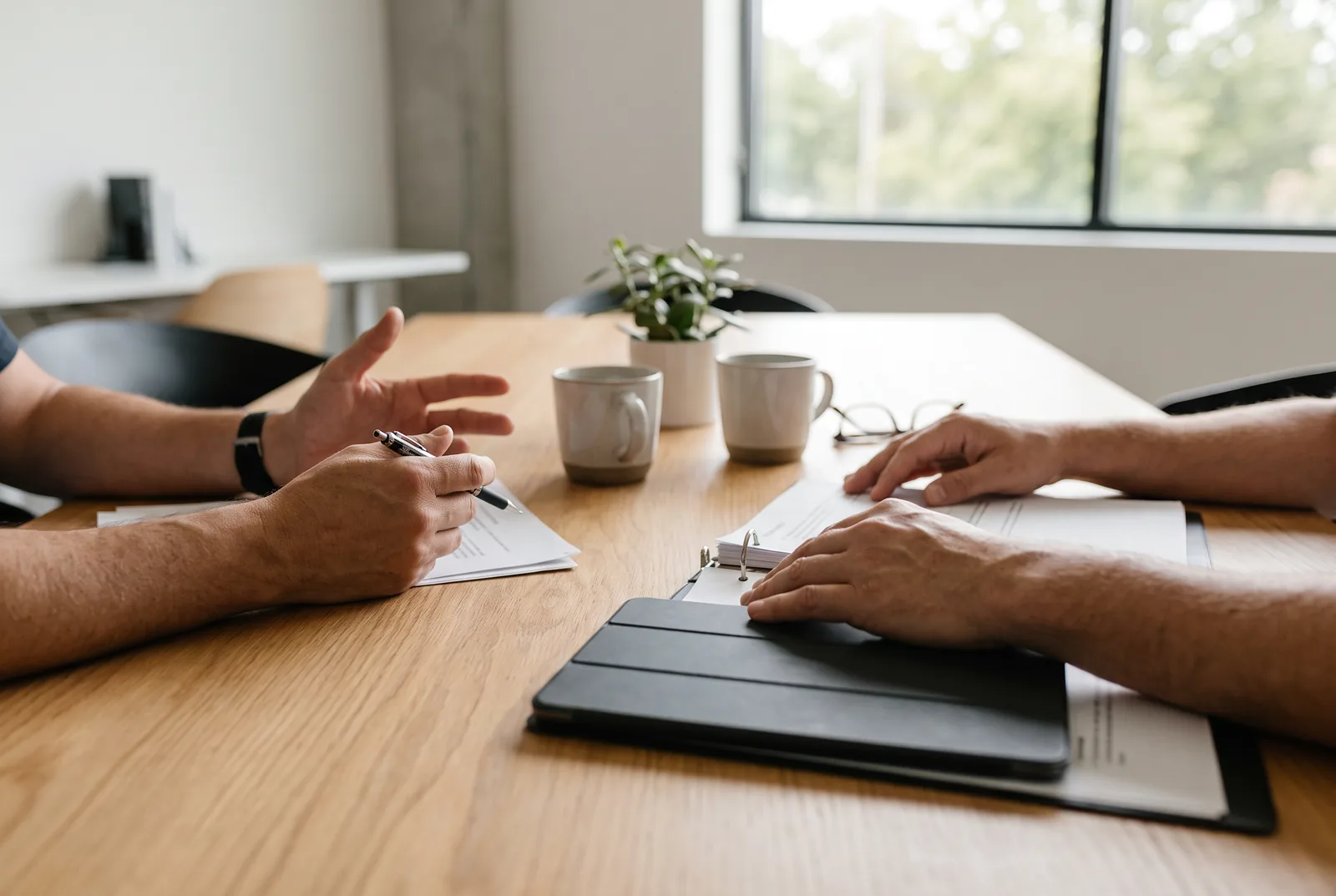 Beratungsgespräch am Tisch mit Unterlagen und Tablet