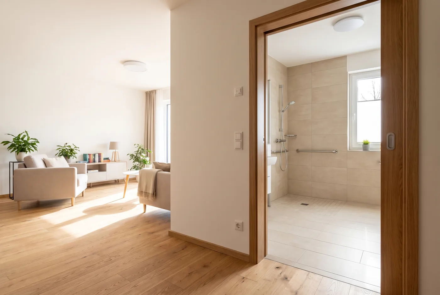 Barrierefreie Wohnung mit schwellenlosem Zugang und bodengleicher Dusche