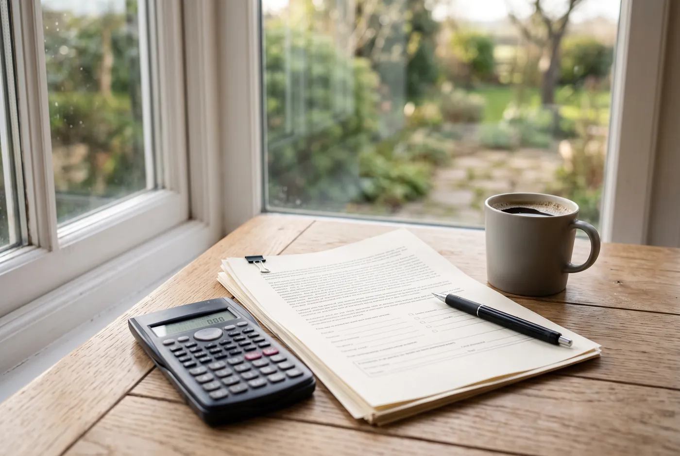 Taschenrechner und Finanzierungsunterlagen auf einem Tisch am Fenster