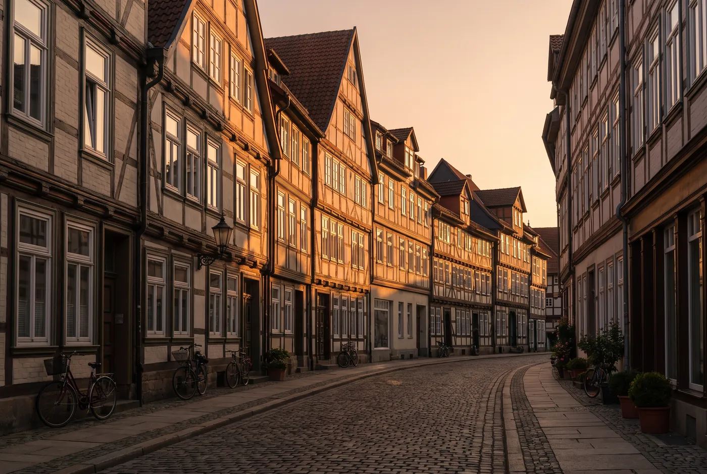 Reihe gepflegter Stadthäuser im Abendlicht