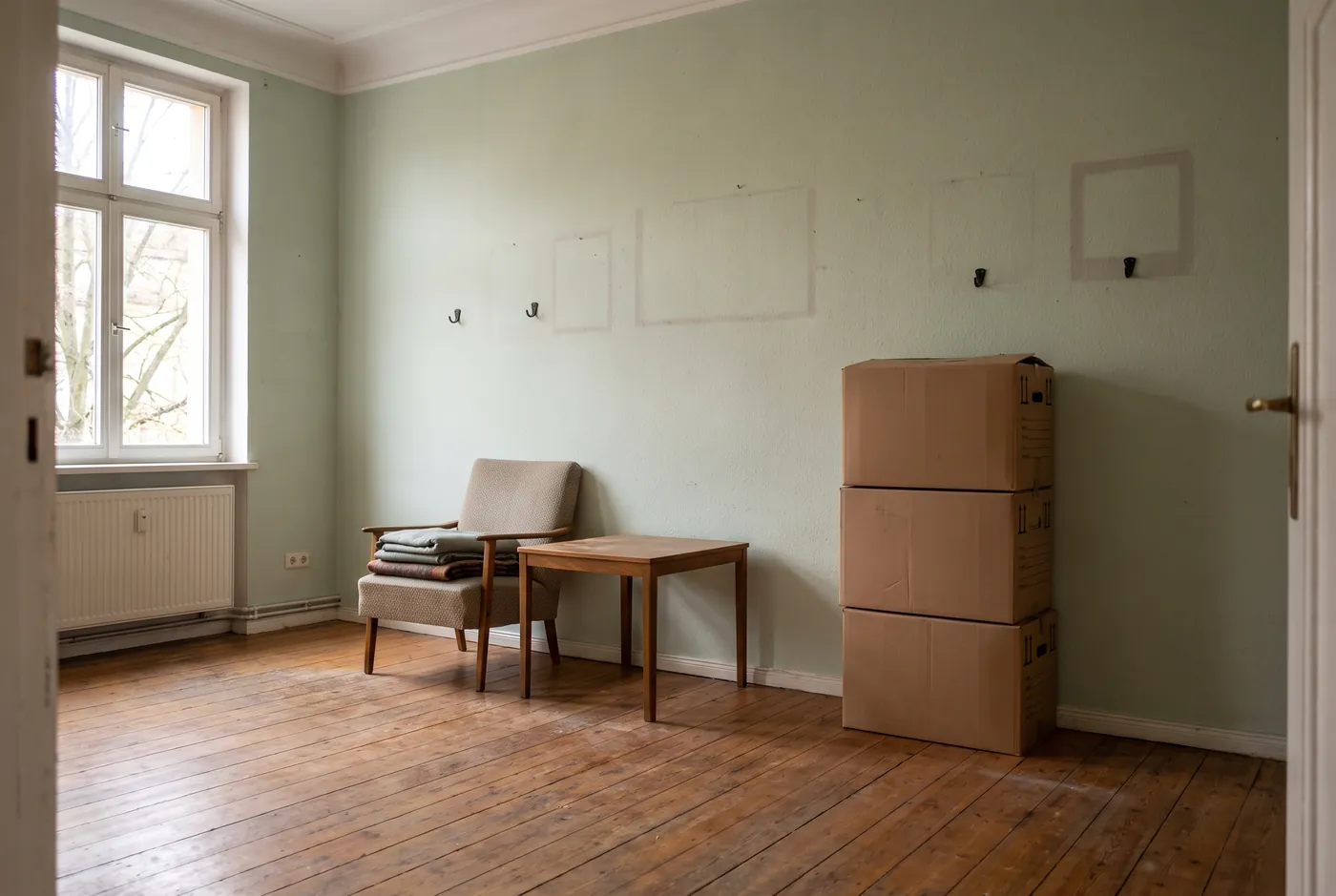 Teilweise leergeräumtes Wohnzimmer mit Umzugskartons